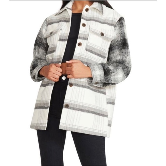 BB DAKOTA by Steve Madden Plaid Shacket Gray Combo Button Front Shirt Jacket - Picture 1 of 13